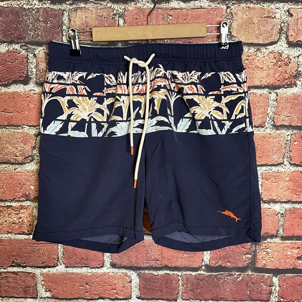 Tommy Bahama Swim Shorts Mens Medium M Hawaiian Print Palm Trees Blue Lined